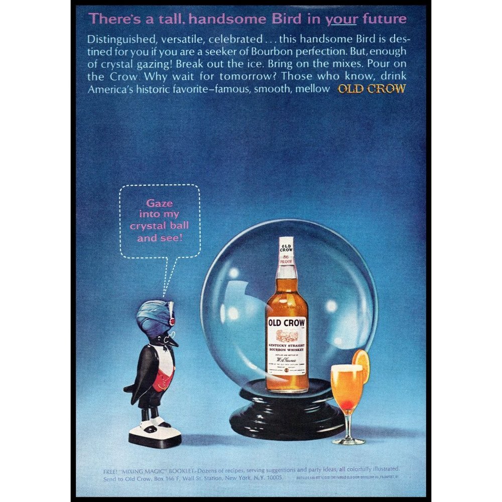 1965 Old Crow Bourbon Vintage Print Ad Crystal Ball Fortune Teller Wall Art